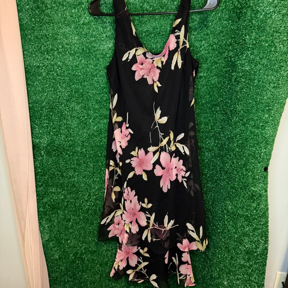 Vintage Y2K MSK Black Floral Layered High Low Asymmetrical Dress Size 12